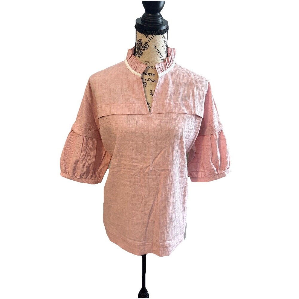 Rose Pink Puff Sleeve Tunic Small Blouse Ruffle Collar Fairycore Coquette Boho